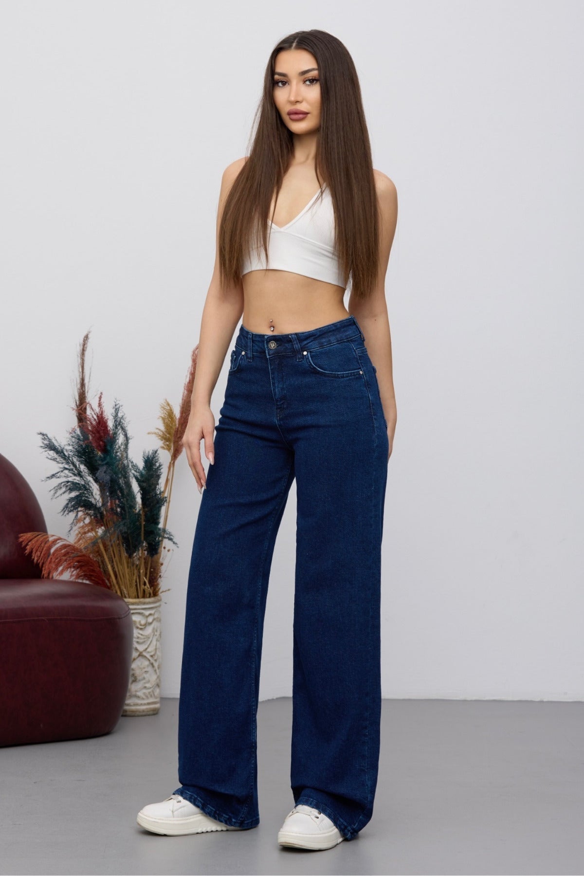 Women's 90's Flexible Wide Leg Loose Palazzo Jeans Navy Blue - MALLTURK