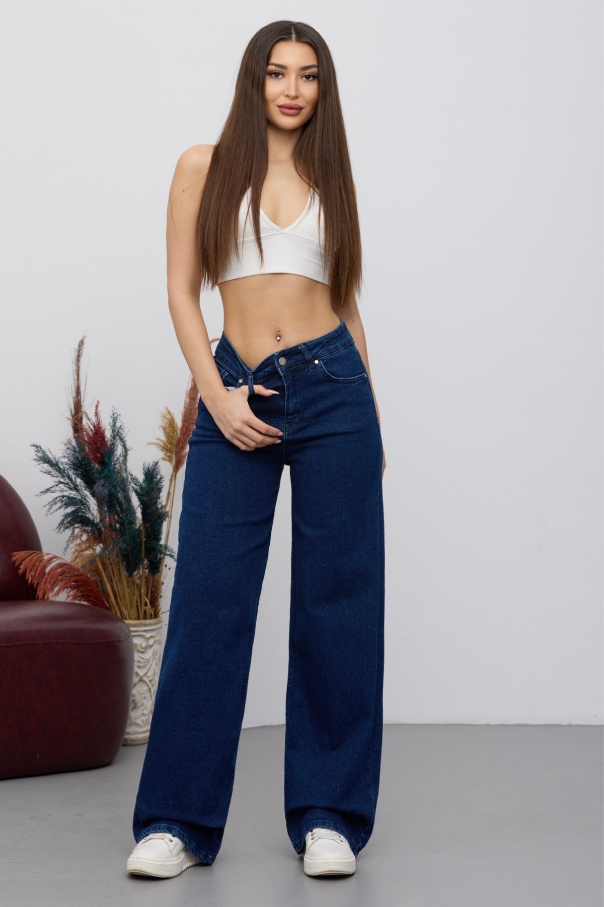 Women's 90's Flexible Wide Leg Loose Palazzo Jeans Navy Blue - MALLTURK