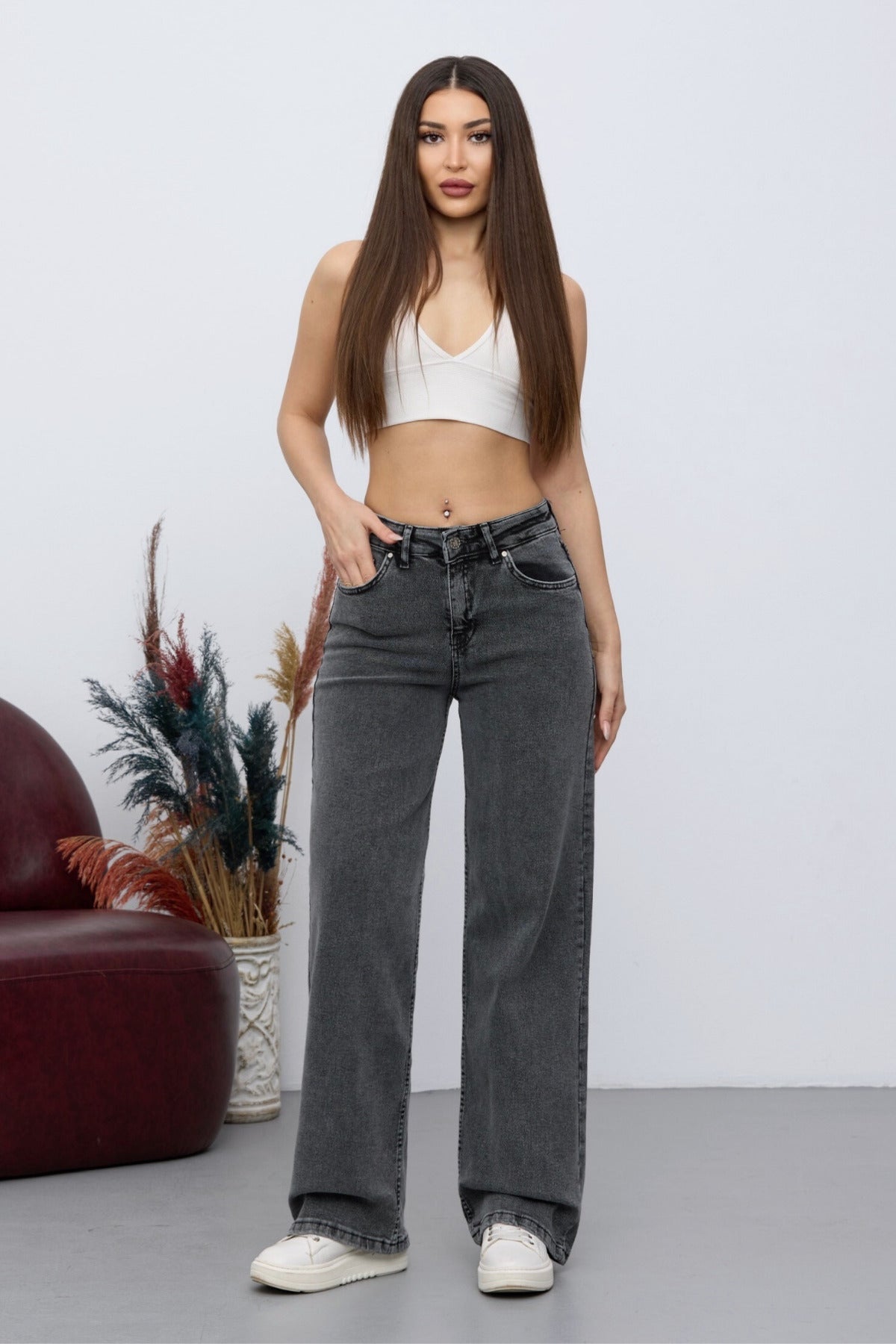 Women's 90's Flexible Wide Leg Loose Palazzo Jeans, Smoke Grey - MALLTURK