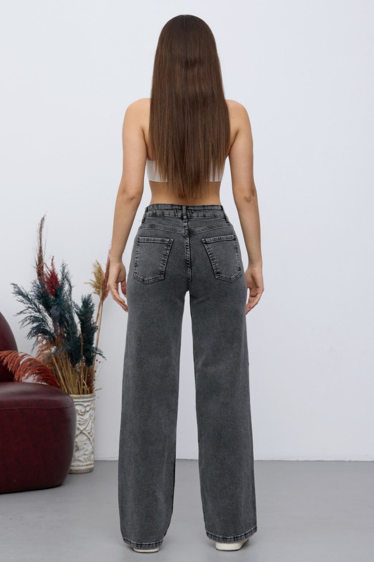 Women's 90's Flexible Wide Leg Loose Palazzo Jeans, Smoke Grey - MALLTURK