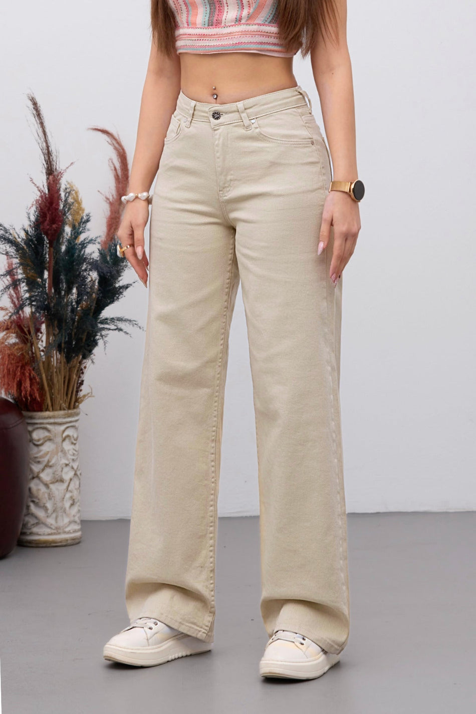 Women's 90s Stretchy Wide Leg Loose Palazzo Jeans Beige - MALLTURK