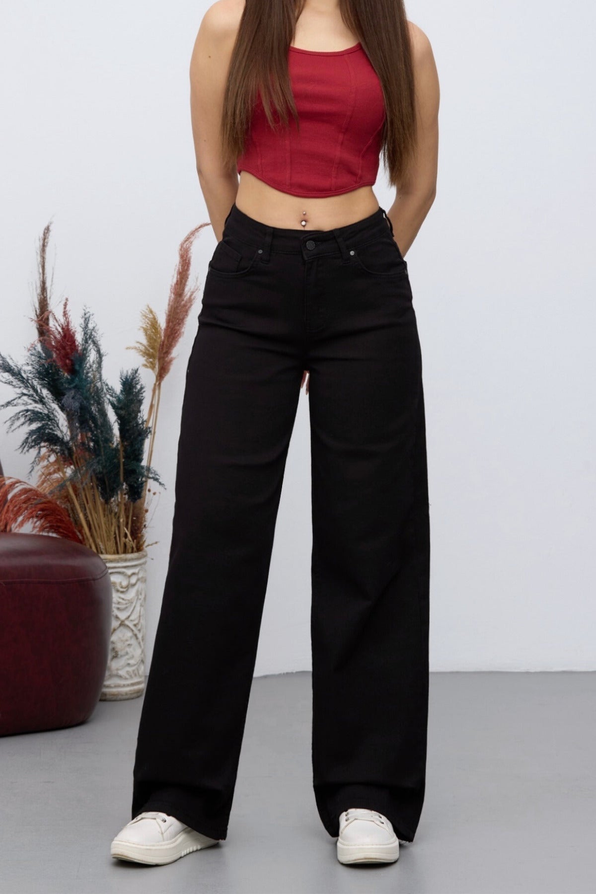 Women's 90's Stretchy Wide Leg Loose Palazzo Jeans Black - MALLTURK