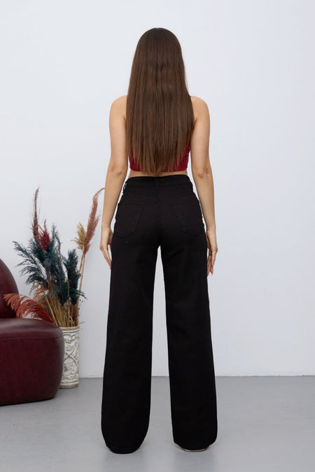Women's 90's Stretchy Wide Leg Loose Palazzo Jeans Black - MALLTURK
