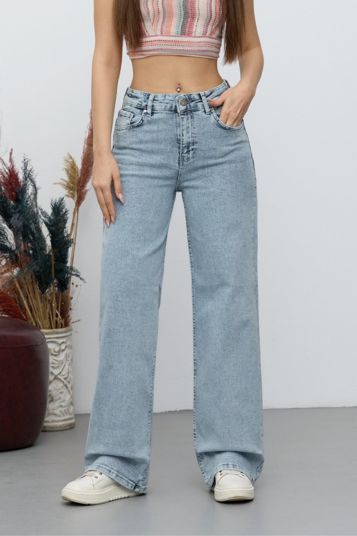 Women's 90's Stretchy Wide Leg Loose Palazzo Jeans Light Blue - MALLTURK