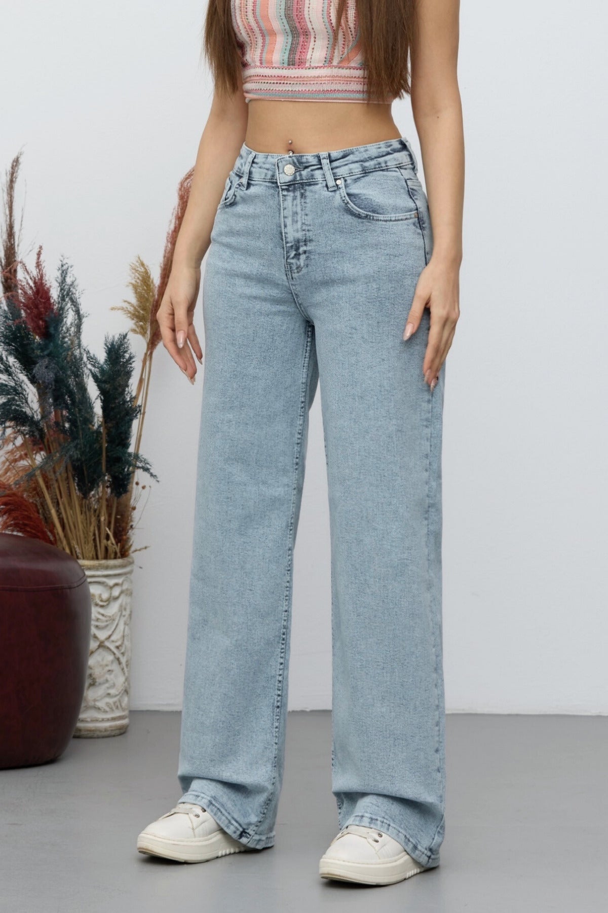 Women's 90's Stretchy Wide Leg Loose Palazzo Jeans Light Blue - MALLTURK