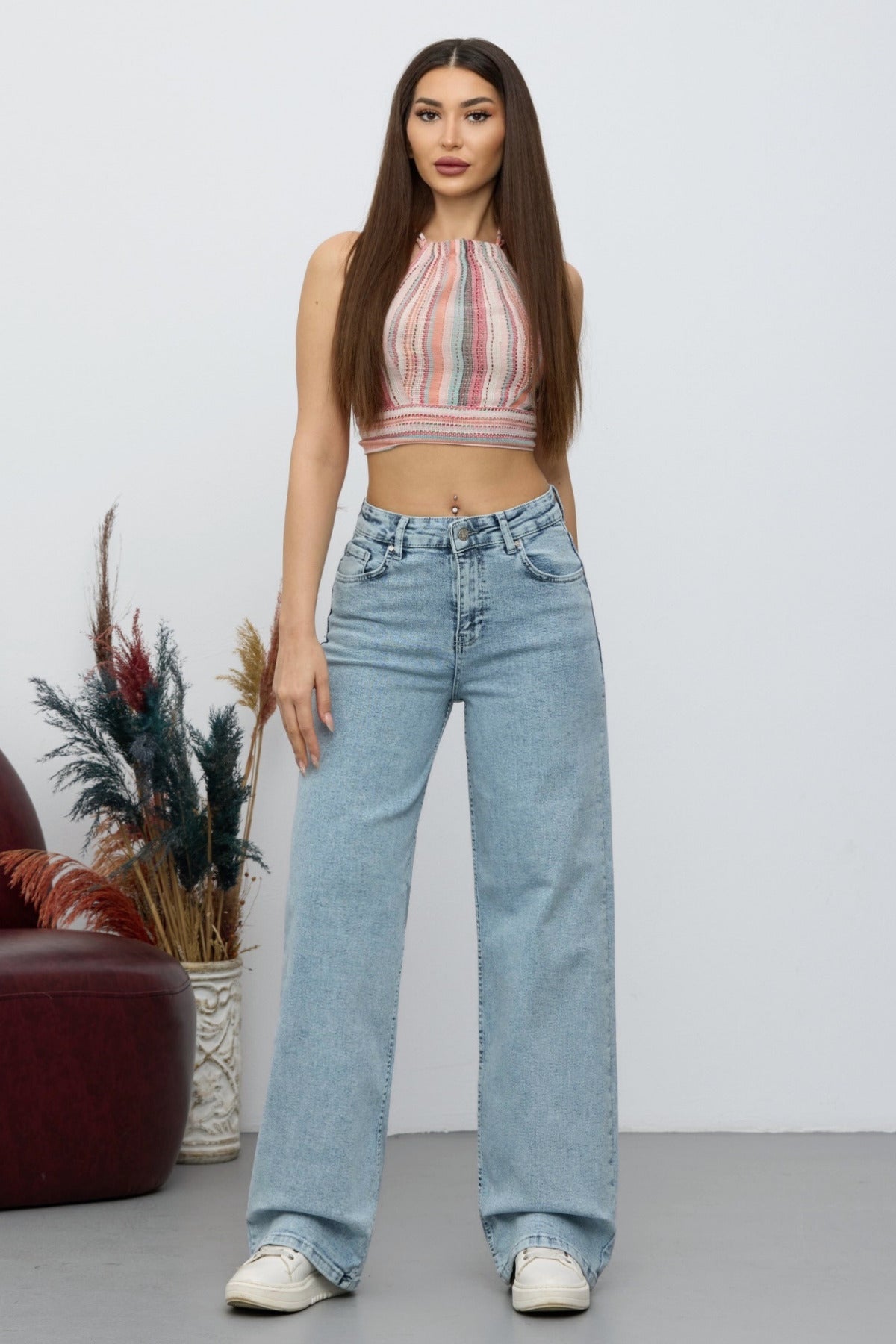 Women's 90's Stretchy Wide Leg Loose Palazzo Jeans Light Blue - MALLTURK