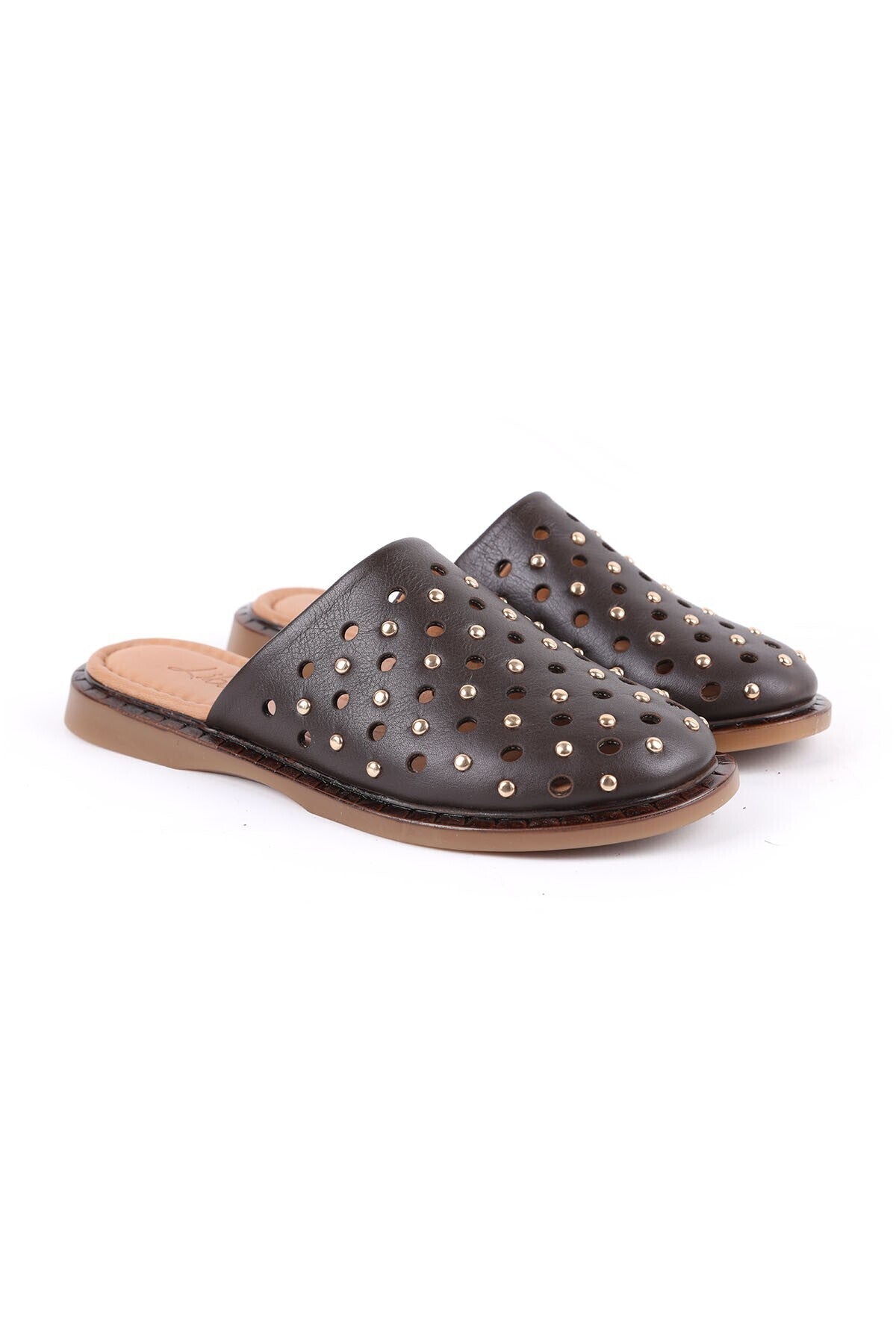 Women's Babet Slip-On Laser Cut Studded Antique Leather Mother Shoes L082.26683 - MALLTURK