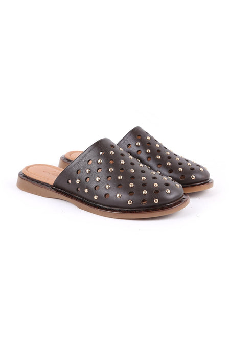 Women's Babet Slip-On Laser Cut Studded Antique Leather Mother Shoes L082.26683 - MALLTURK