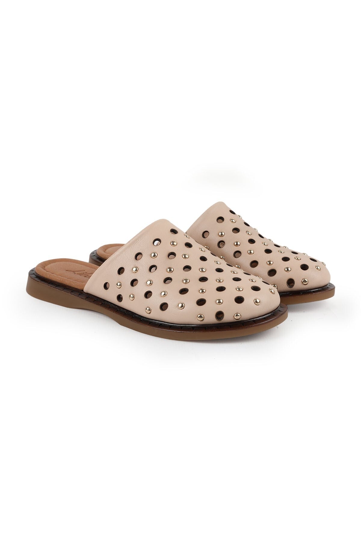 Women's Babet Slip-On Laser Cut Studded Antique Leather Mother Shoes L082.26683 - MALLTURK