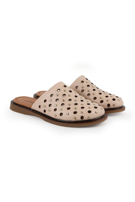 Women's Babet Slip-On Laser Cut Studded Antique Leather Mother Shoes L082.26683 - MALLTURK