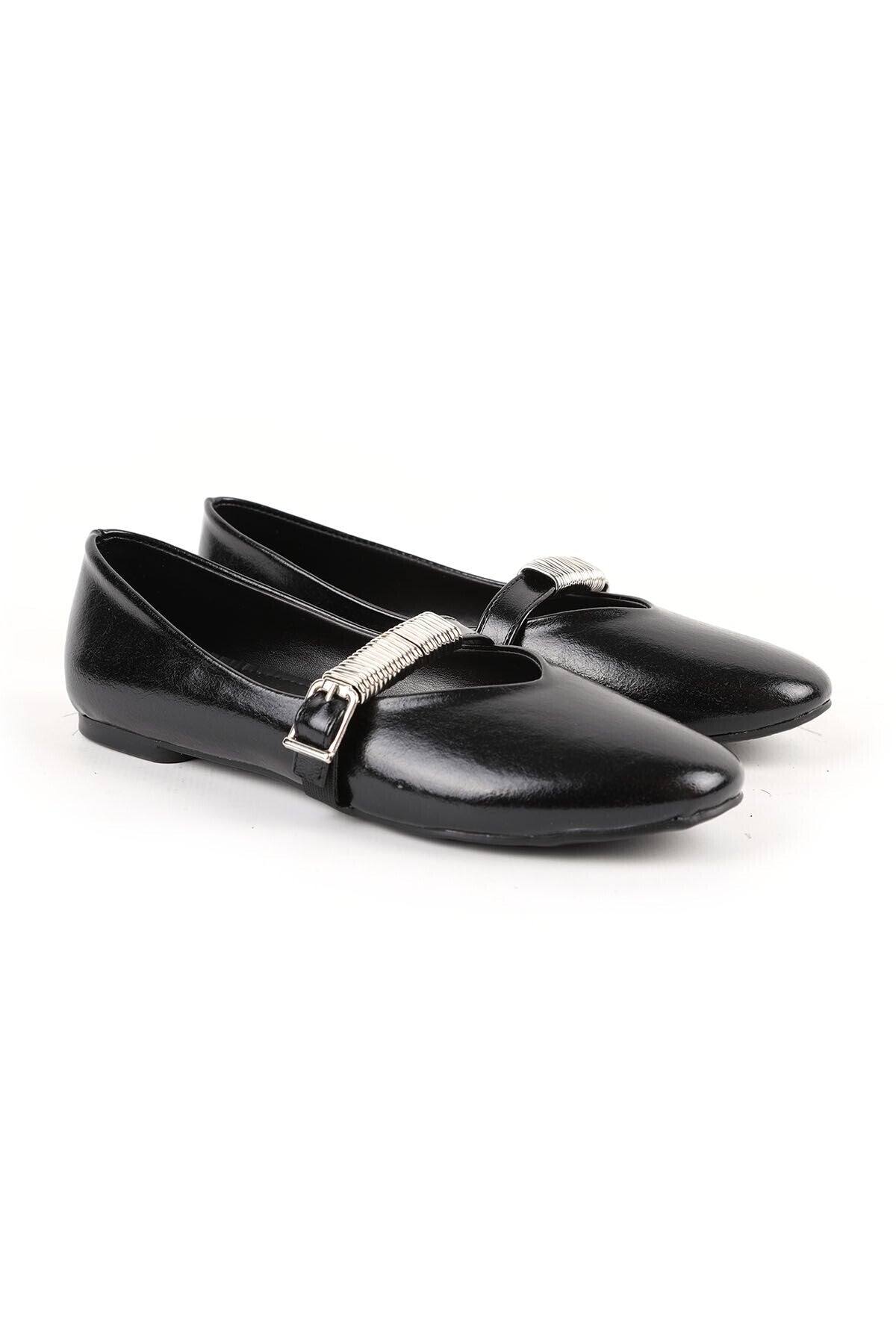 Women's Ballerina Flats with Metal Accessories, Mary Jane Buckle Strap, Shiny Brown L080.103 - MALLTURK