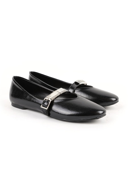Women's Ballerina Flats with Metal Accessories, Mary Jane Buckle Strap, Shiny Brown L080.103 - MALLTURK