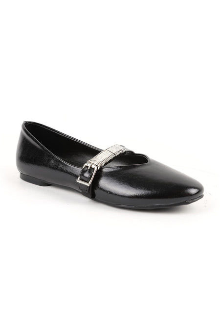 Women's Ballerina Flats with Metal Accessories, Mary Jane Buckle Strap, Shiny Brown L080.103 - MALLTURK