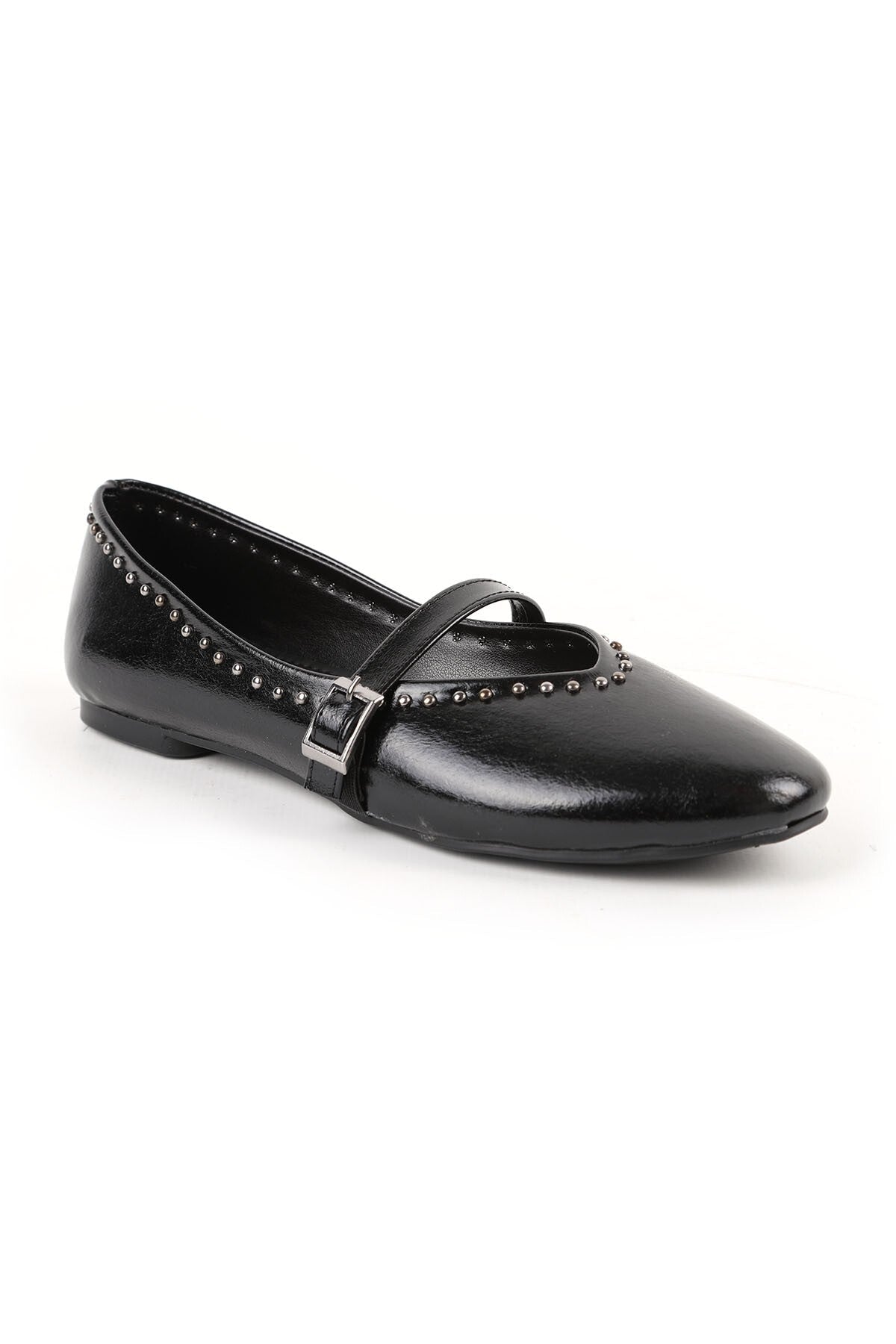 Women's Ballerina Flats with Metal Studs, Striped Mary Jane Buckle Strap, Shiny L080.105 - MALLTURK