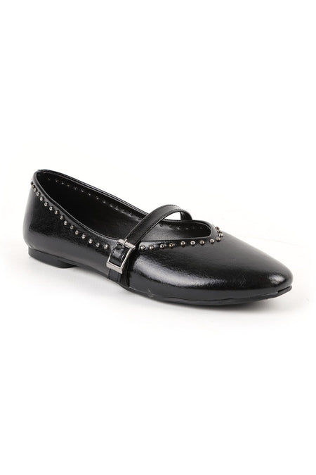Women's Ballerina Flats with Metal Studs, Striped Mary Jane Buckle Strap, Shiny L080.105 - MALLTURK
