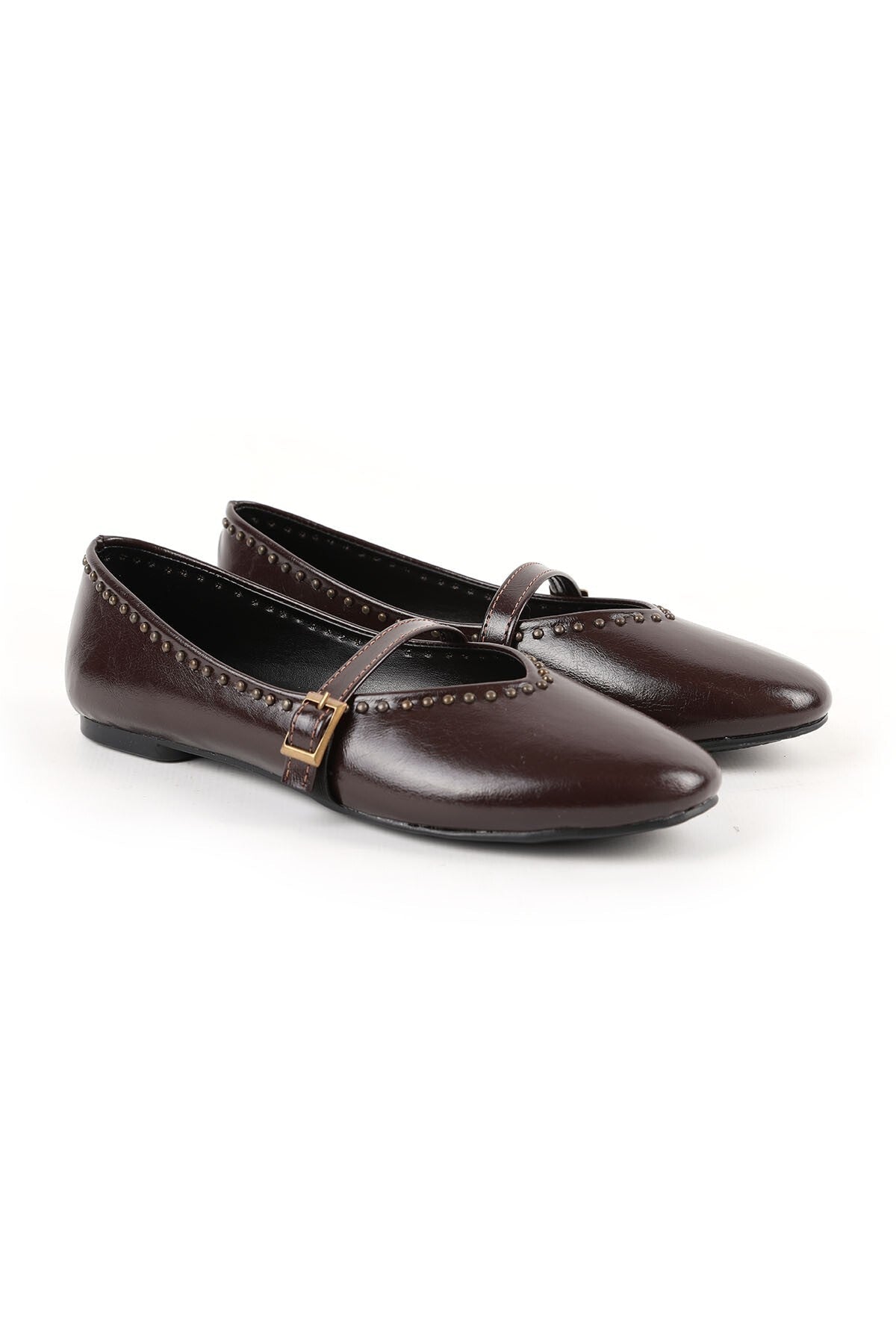 Women's Ballerina Flats with Metal Studs, Striped Mary Jane Buckle Strap, Shiny L080.105 - MALLTURK