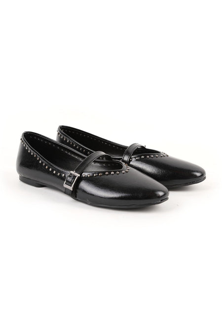 Women's Ballerina Flats with Metal Studs, Striped Mary Jane Buckle Strap, Shiny L080.105 - MALLTURK