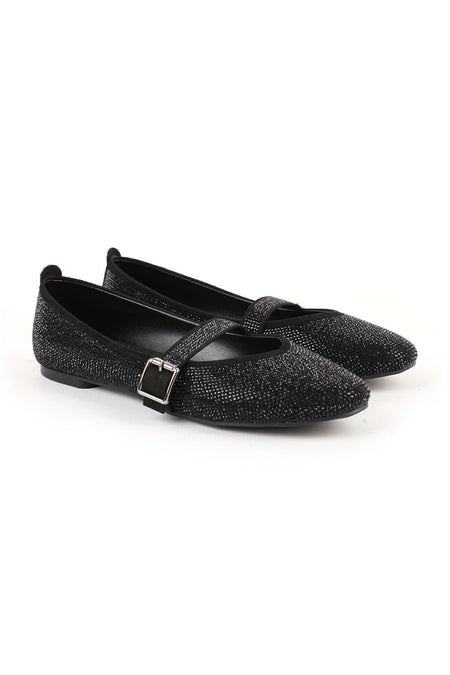 Women's Ballerina Stoned Sparkling Evening Dress with Mary Jane Buckle Strap Black L080.96 - MALLTURK
