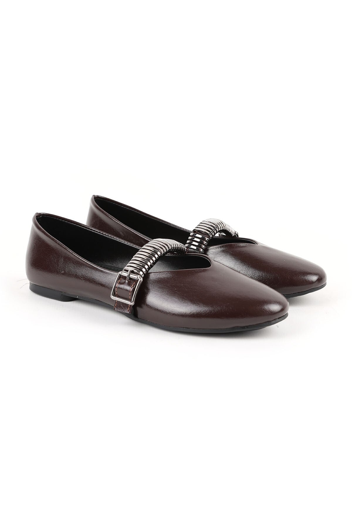 Women's Ballerinas with Metal Accessories, Mary Jane Buckle Strap, Shiny Casual L080.104 - MALLTURK