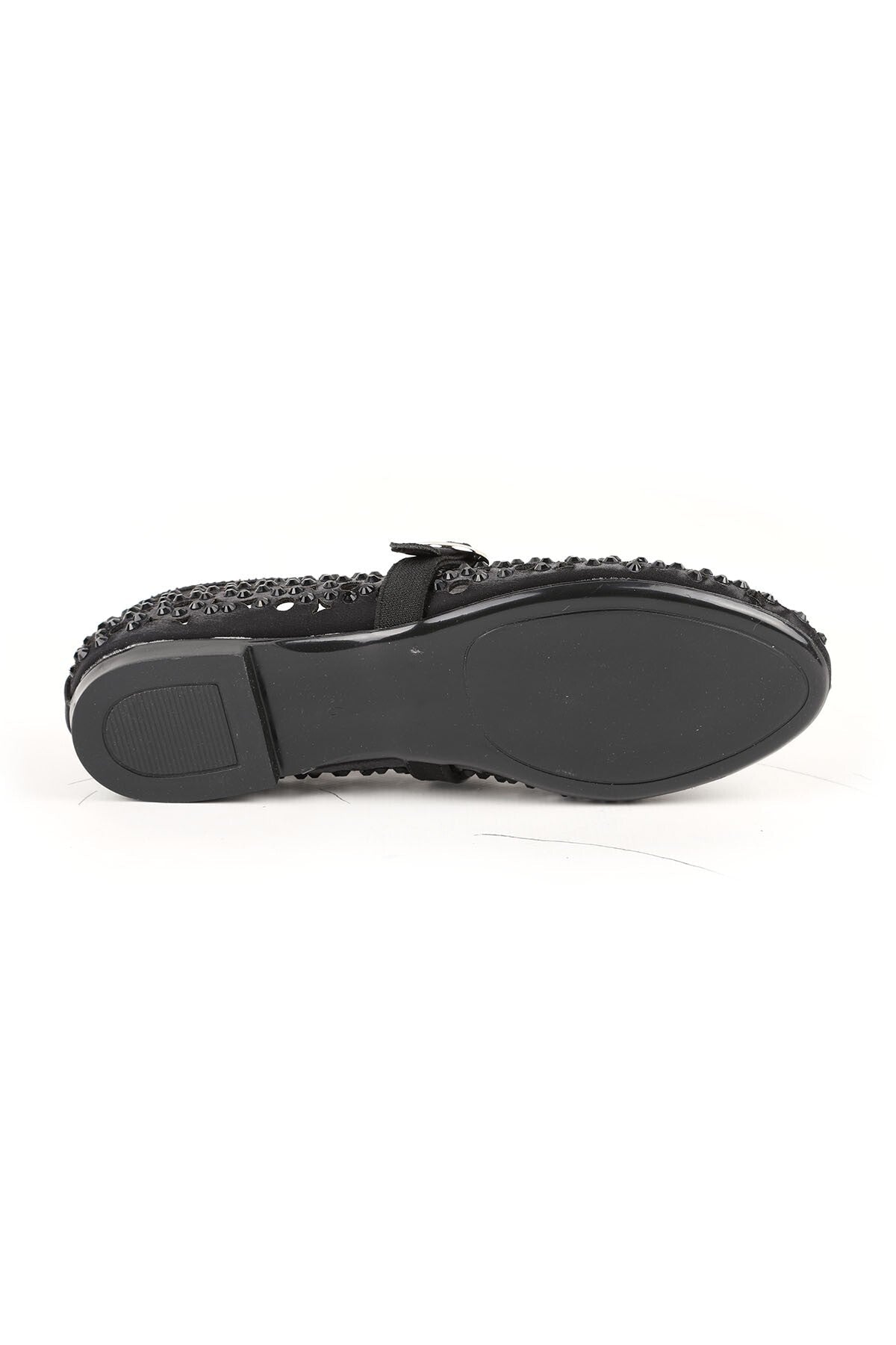 Women's Ballet Flats Black Stone Laser Cut Strap Buckle Stylish and Sophisticated Tpu Sole L085.K867 - MALLTURK