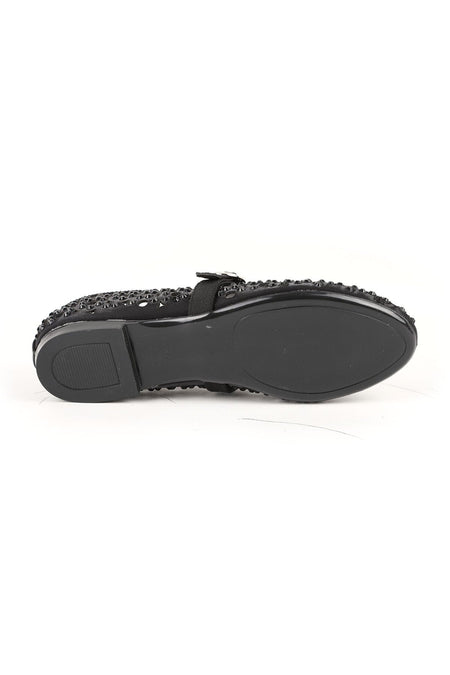 Women's Ballet Flats Black Stone Laser Cut Strap Buckle Stylish and Sophisticated Tpu Sole L085.K867 - MALLTURK