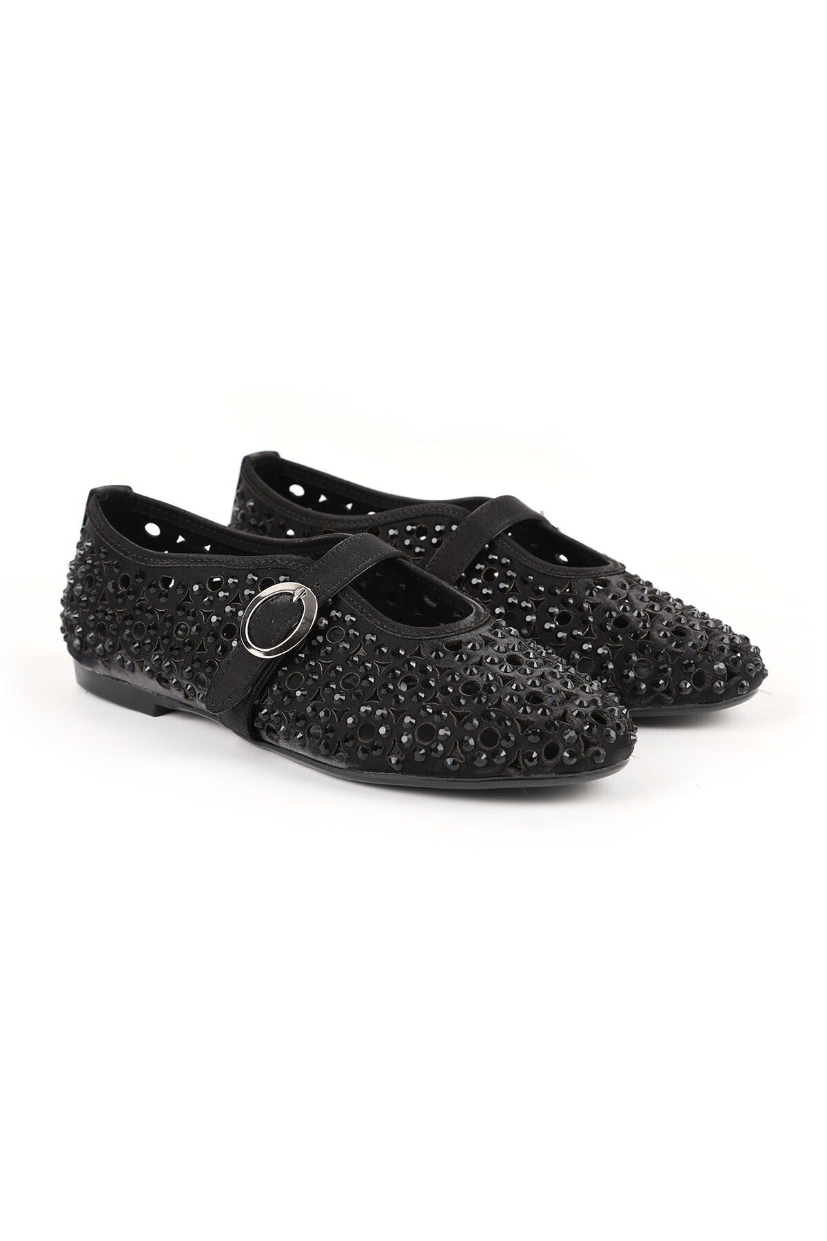 Women's Ballet Flats Black Stone Laser Cut Strap Buckle Stylish and Sophisticated Tpu Sole L085.K867 - MALLTURK