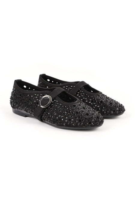 Women's Ballet Flats Black Stone Laser Cut Strap Buckle Stylish and Sophisticated Tpu Sole L085.K867 - MALLTURK