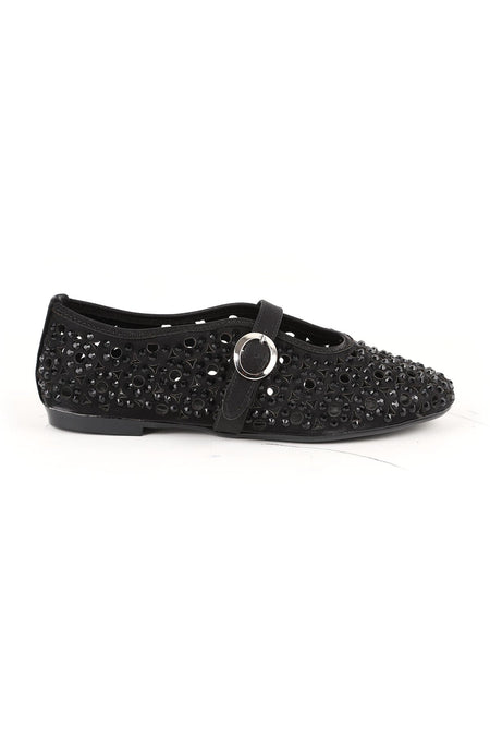Women's Ballet Flats Black Stone Laser Cut Strap Buckle Stylish and Sophisticated Tpu Sole L085.K867 - MALLTURK