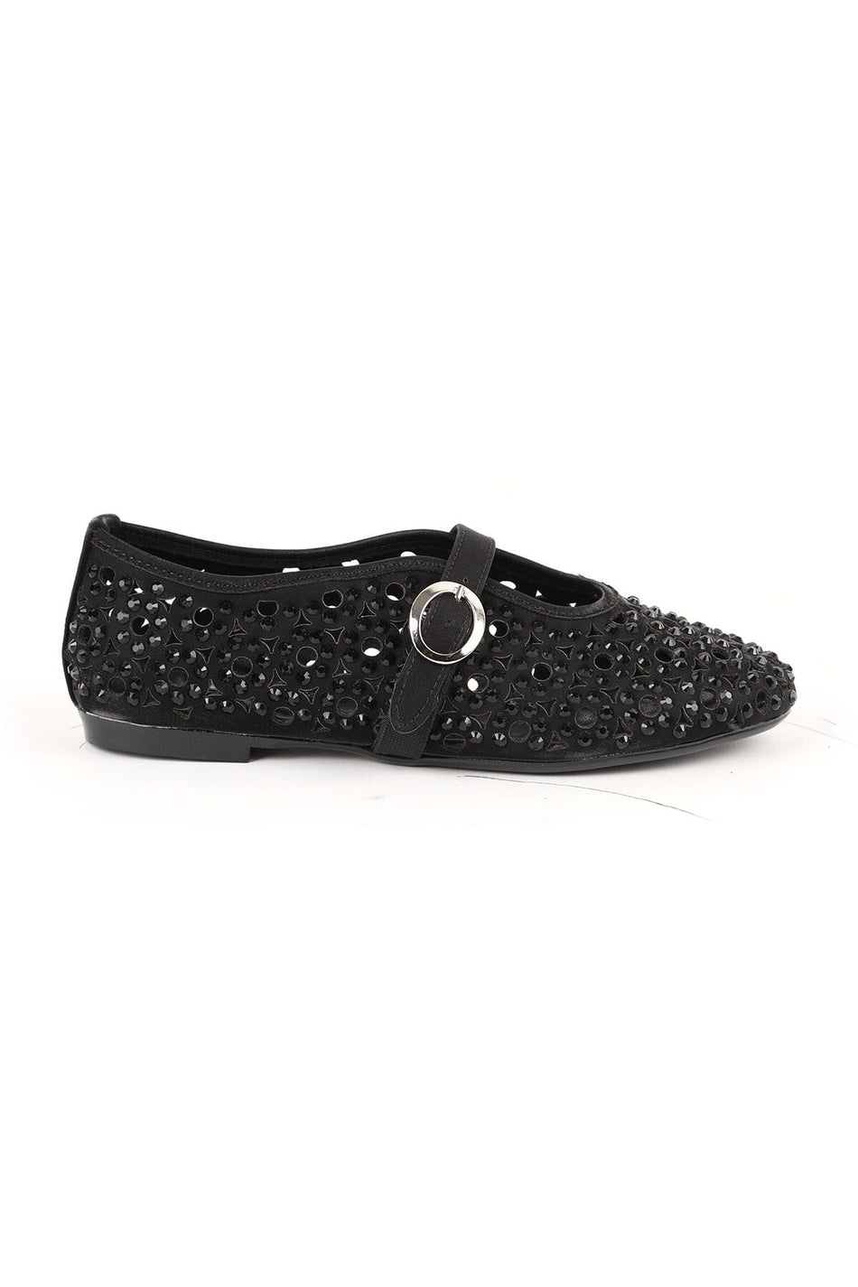Women's Ballet Flats Black Stone Laser Cut Strap Buckle Stylish and Sophisticated Tpu Sole L085.K867 - MALLTURK