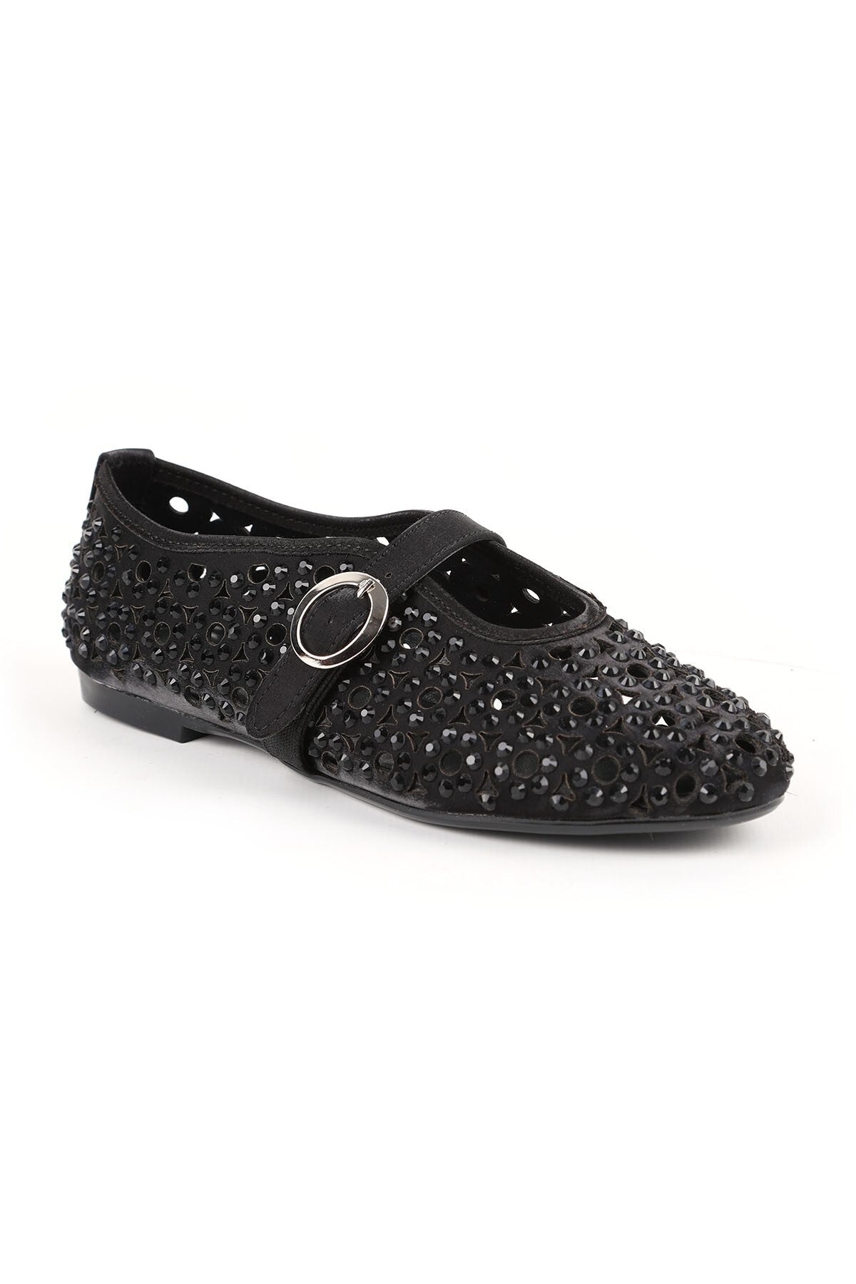 Women's Ballet Flats Black Stone Laser Cut Strap Buckle Stylish and Sophisticated Tpu Sole L085.K867 - MALLTURK