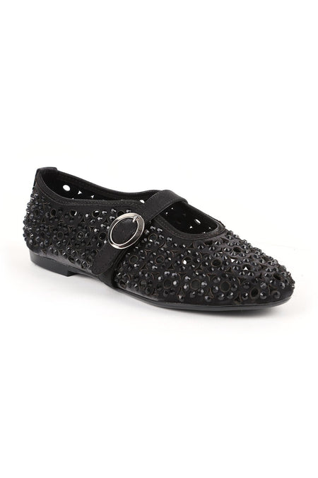 Women's Ballet Flats Black Stone Laser Cut Strap Buckle Stylish and Sophisticated Tpu Sole L085.K867 - MALLTURK