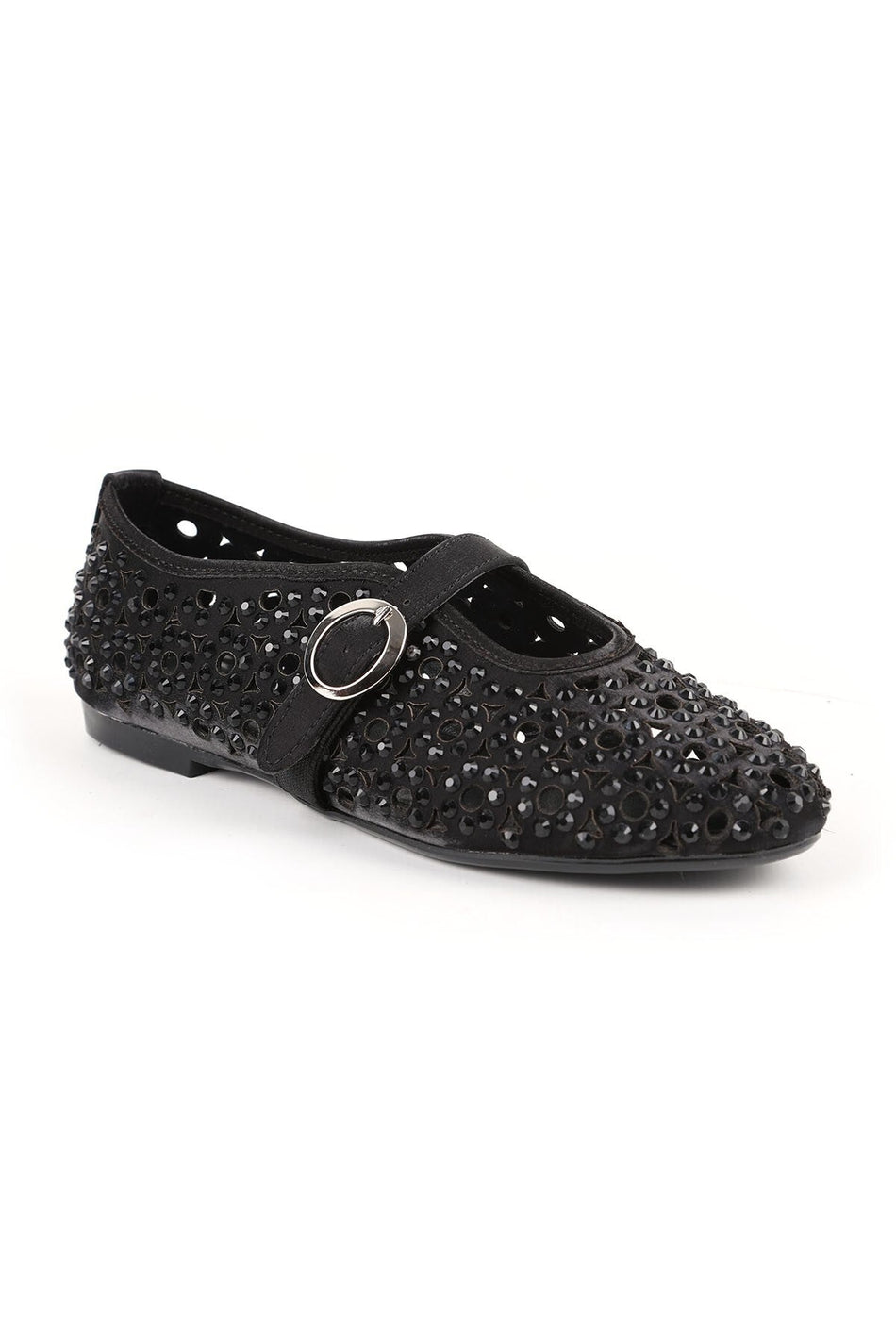 Women's Ballet Flats Black Stone Laser Cut Strap Buckle Stylish and Sophisticated Tpu Sole L085.K867 - MALLTURK
