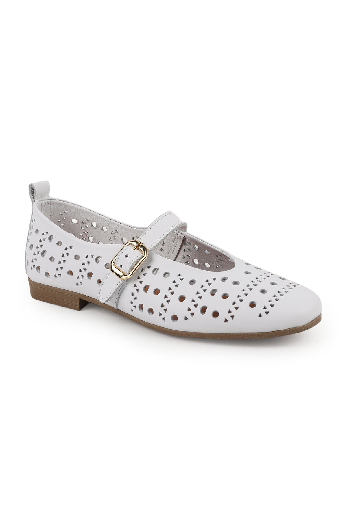 Women's Ballet Flats Laser Cut Perforated Antique Look Single Strap Buckle Comfortable Thermo Sole L081.24500 - MALLTURK