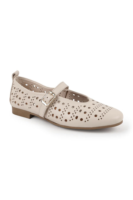 Women's Ballet Flats Laser Cut Perforated Antique Look Single Strap Buckle Comfortable Thermo Sole L081.24500 - MALLTURK