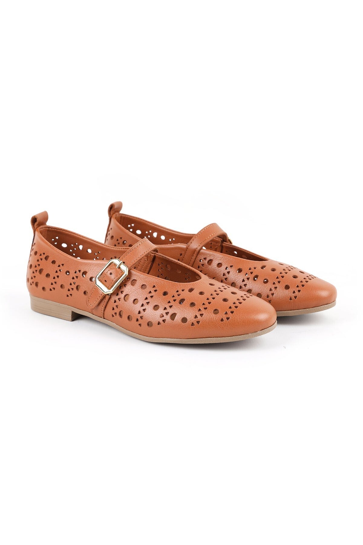 Women's Ballet Flats Laser Cut Perforated Antique Look Single Strap Buckle Comfortable Thermo Sole L081.24500 - MALLTURK