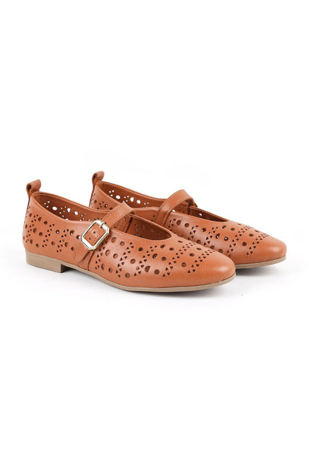 Women's Ballet Flats Laser Cut Perforated Antique Look Single Strap Buckle Comfortable Thermo Sole L081.24500 - MALLTURK