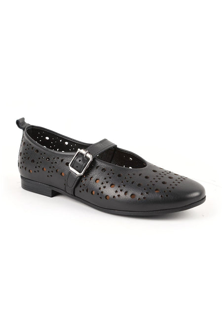 Women's Ballet Flats Laser Cut Perforated Antique Look Single Strap Buckle Comfortable Thermo Sole L081.24500 - MALLTURK