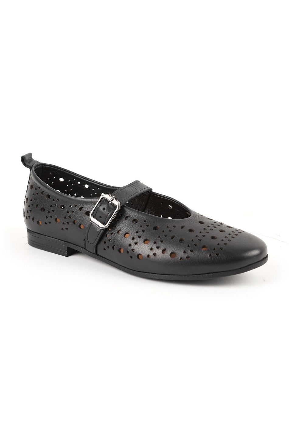 Women's Ballet Flats Laser Cut Perforated Antique Look Single Strap Buckle Comfortable Thermo Sole L081.24500 - MALLTURK