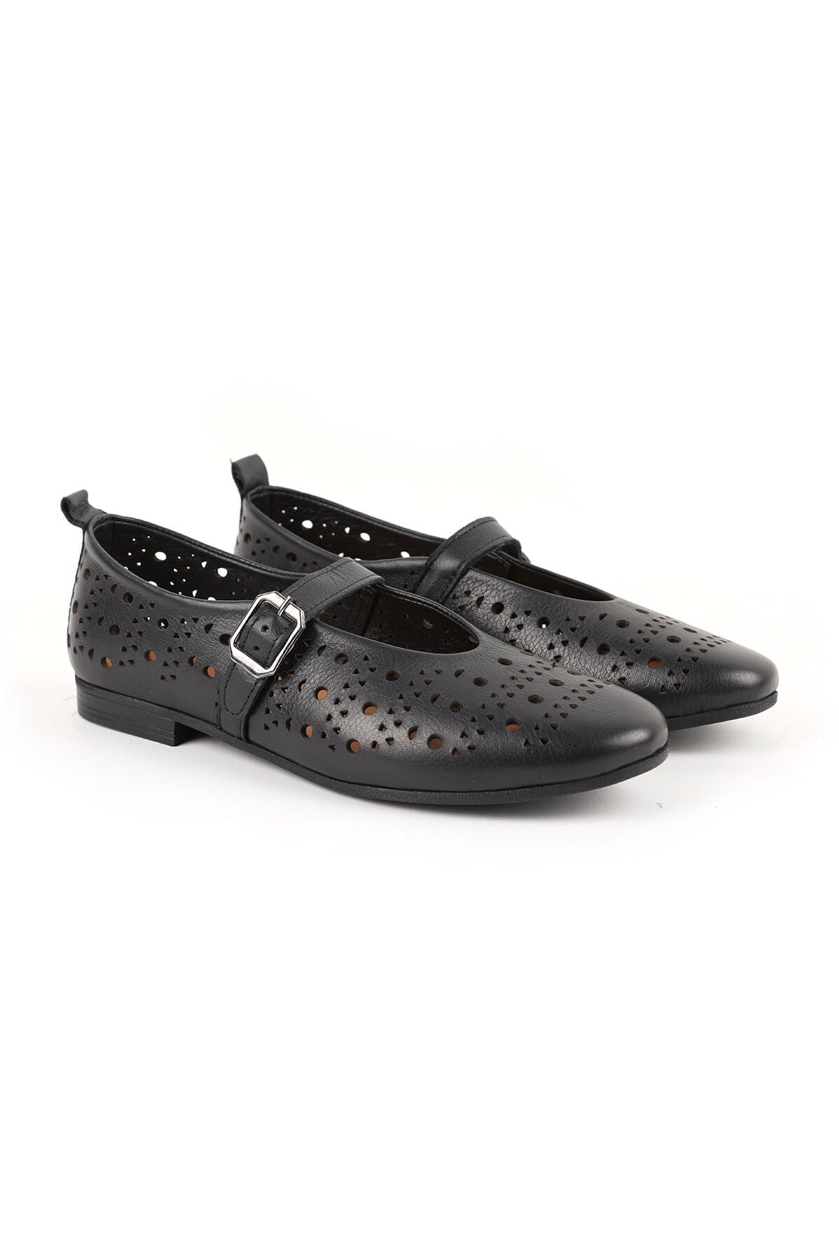 Women's Ballet Flats Laser Cut Perforated Antique Look Single Strap Buckle Comfortable Thermo Sole L081.24500 - MALLTURK