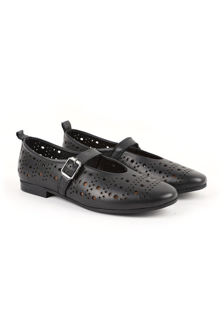 Women's Ballet Flats Laser Cut Perforated Antique Look Single Strap Buckle Comfortable Thermo Sole L081.24500 - MALLTURK