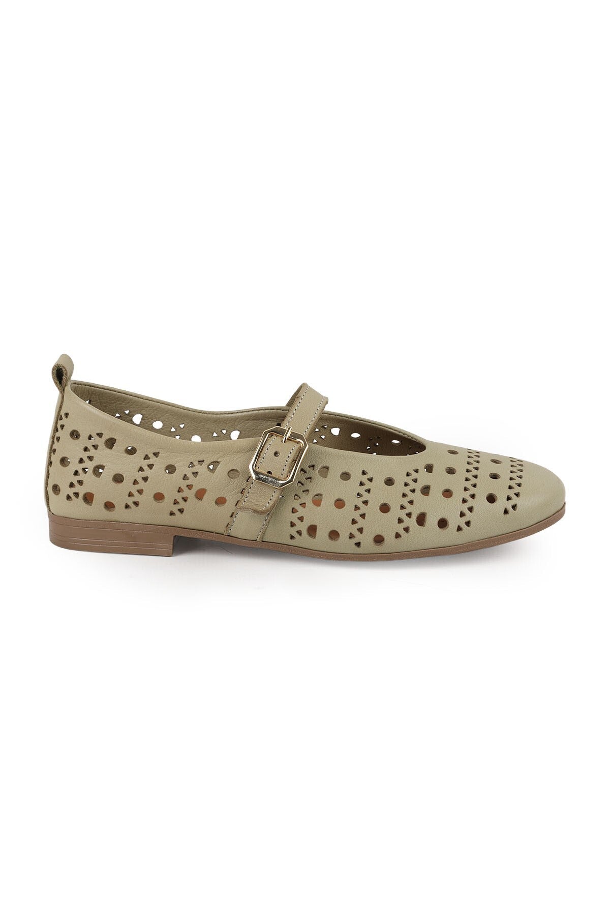 Women's Ballet Flats Laser Cut Perforated Antique Look Single Strap Buckle Comfortable Thermo Sole L081.24500 - MALLTURK
