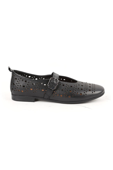 Women's Ballet Flats Laser Cut Perforated Antique Look Single Strap Buckle Comfortable Thermo Sole L081.24500 - MALLTURK