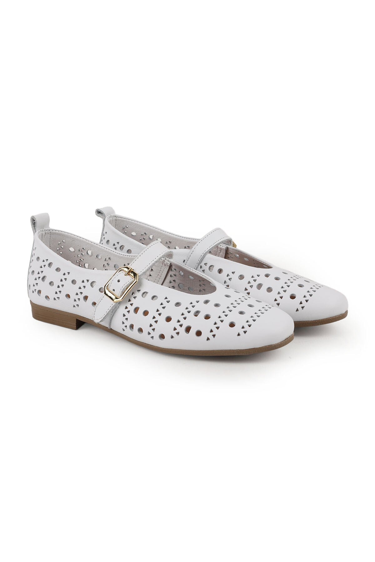 Women's Ballet Flats Laser Cut Perforated Antique Look Single Strap Buckle Comfortable Thermo Sole L081.24500 - MALLTURK