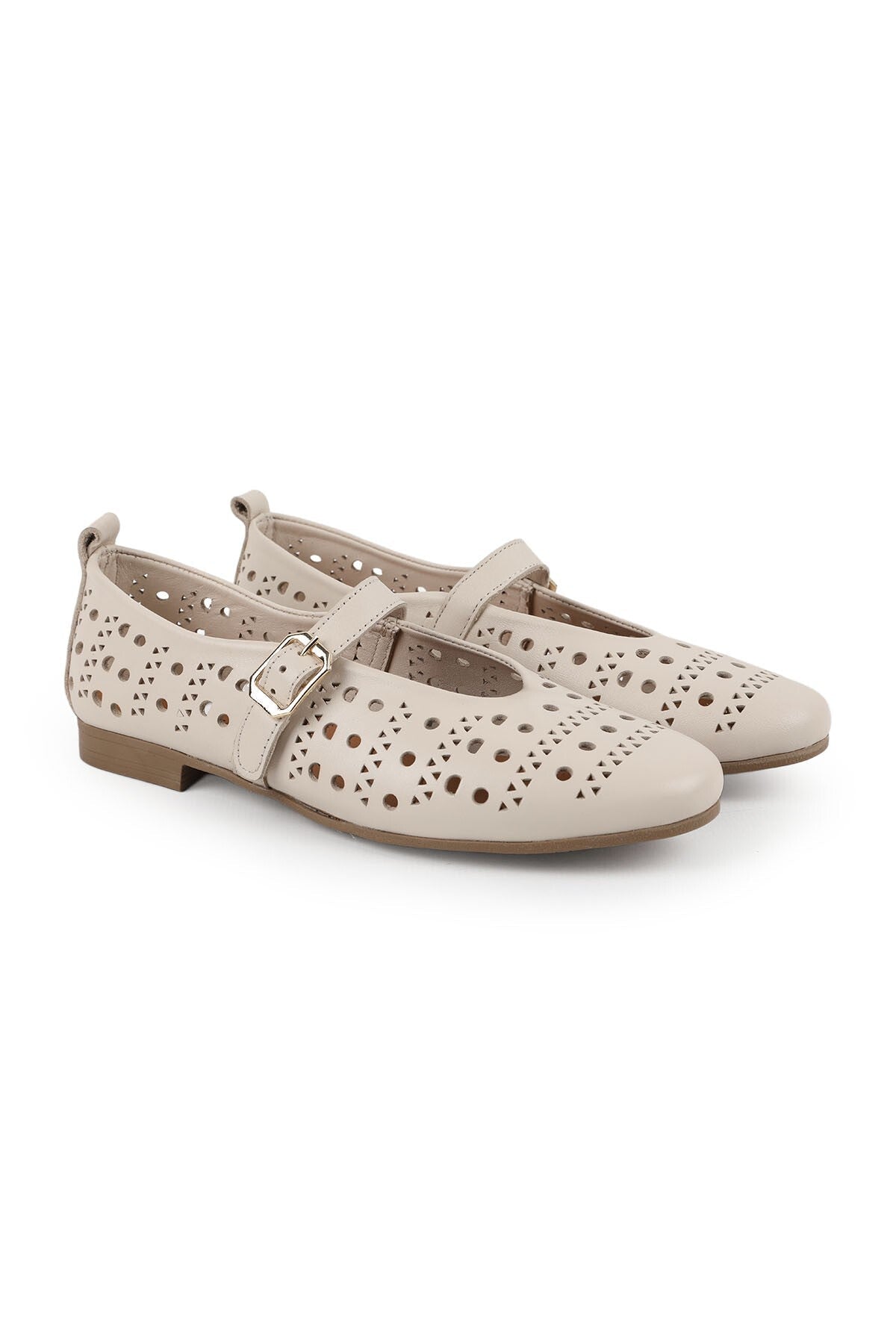 Women's Ballet Flats Laser Cut Perforated Antique Look Single Strap Buckle Comfortable Thermo Sole L081.24500 - MALLTURK