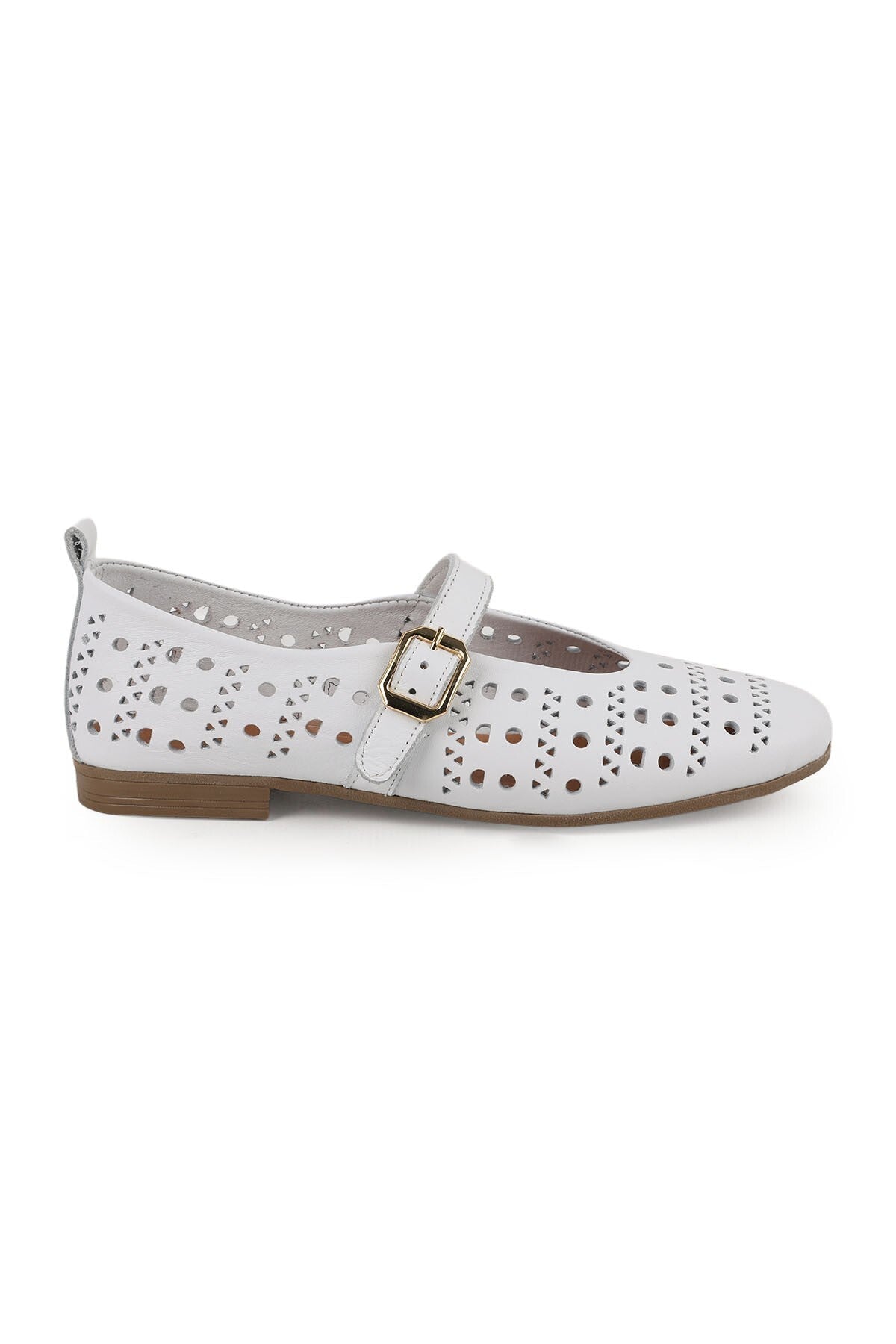 Women's Ballet Flats Laser Cut Perforated Antique Look Single Strap Buckle Comfortable Thermo Sole L081.24500 - MALLTURK