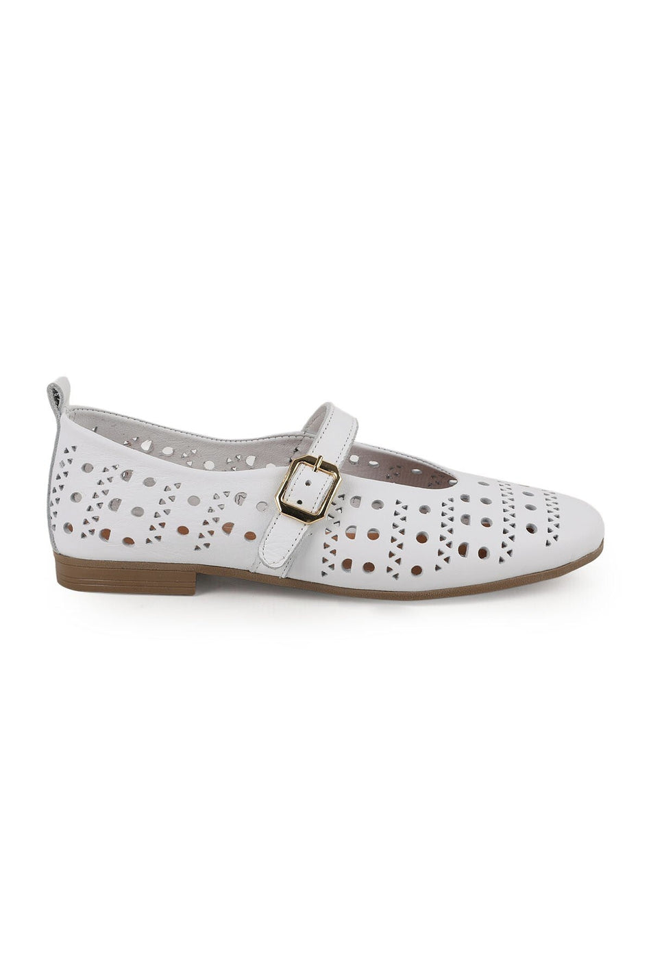 Women's Ballet Flats Laser Cut Perforated Antique Look Single Strap Buckle Comfortable Thermo Sole L081.24500 - MALLTURK