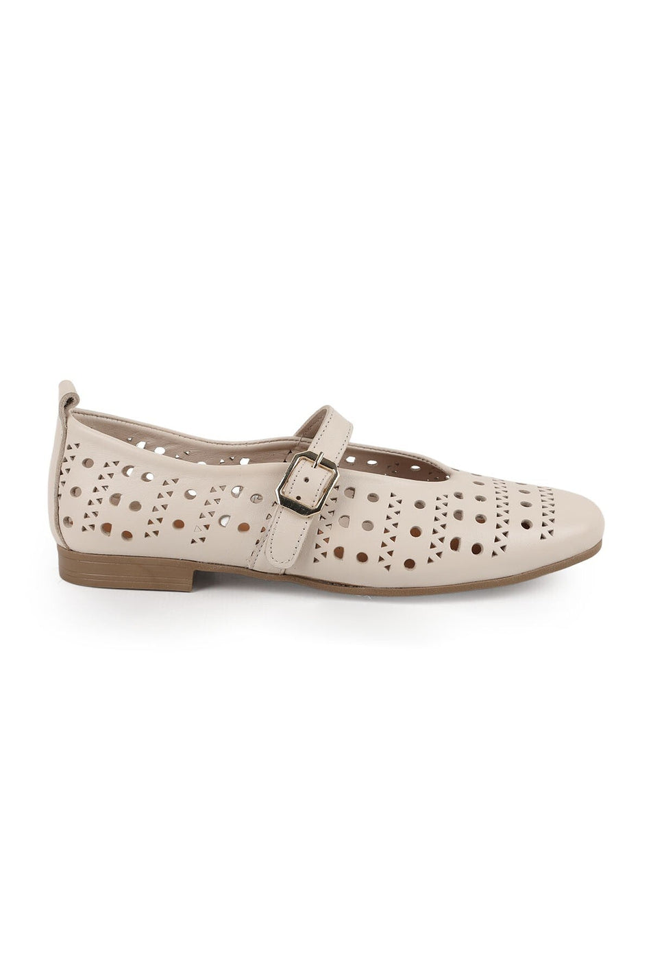 Women's Ballet Flats Laser Cut Perforated Antique Look Single Strap Buckle Comfortable Thermo Sole L081.24500 - MALLTURK