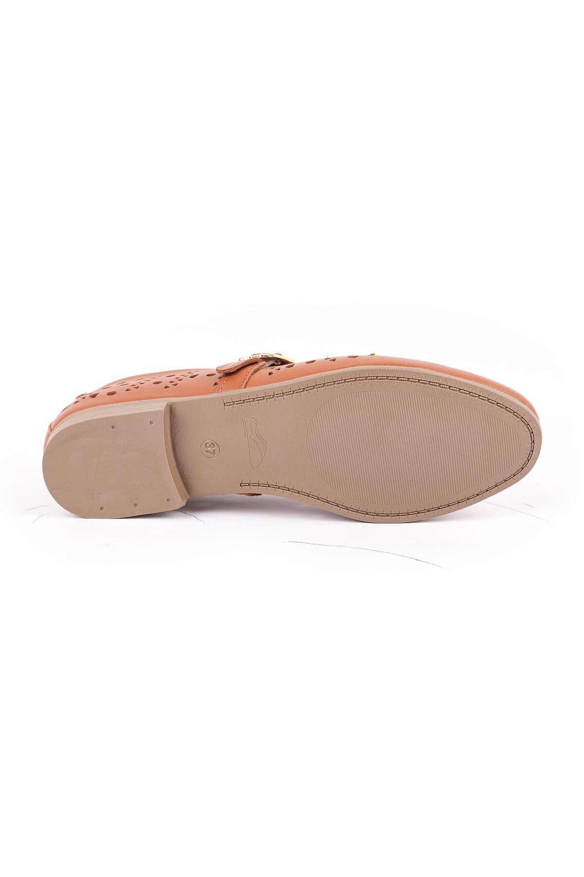 Women's Ballet Flats Laser Cut Perforated Antique Look Single Strap Buckle Comfortable Thermo Sole L081.24500 - MALLTURK