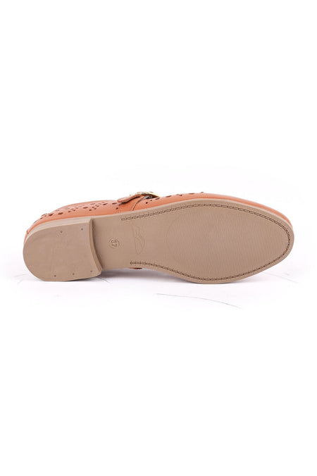 Women's Ballet Flats Laser Cut Perforated Antique Look Single Strap Buckle Comfortable Thermo Sole L081.24500 - MALLTURK