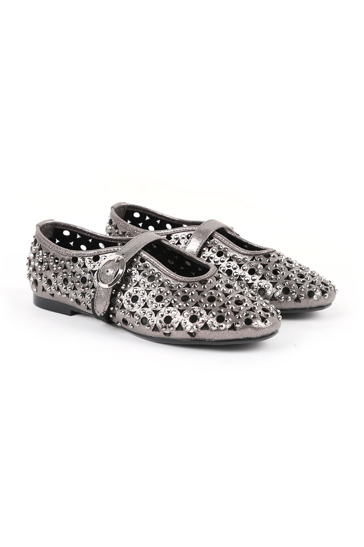 Women's Ballet Flats Metallic Stone Laser Cut Strap Buckle Stylish and Sophisticated Tpu Sole L085.K867/1 - MALLTURK